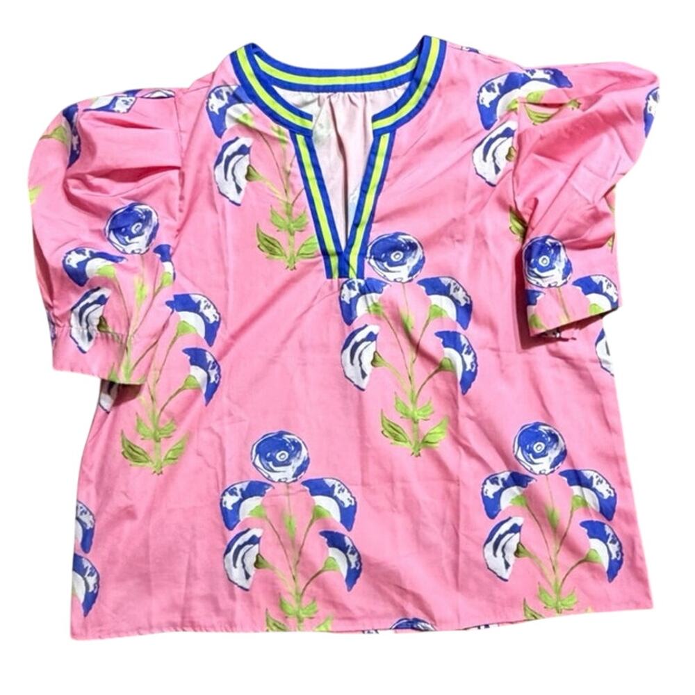 Large Floral Preppy Pink Blue Green Puff Sleeve V Neck Pullover Boutique Shirt